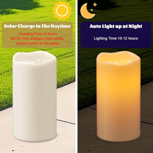 6" Eldnacele Solar Outdoor Flameless Candles Dusk to Dawn Waterproof Rechargeable White Plastic LED Flickering Pillar