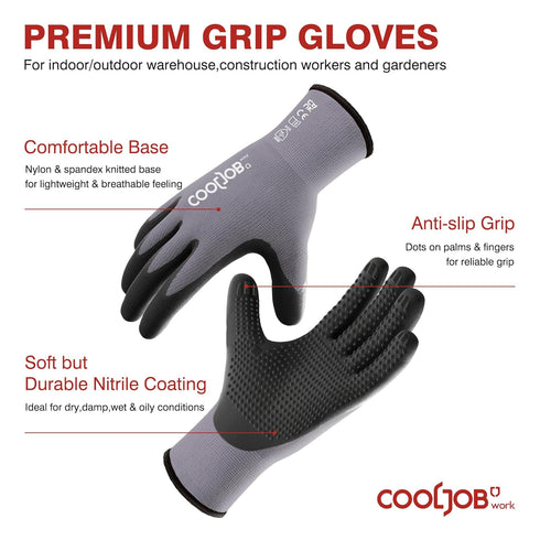 COOLJOB 6 Pairs Nitrile Rubber Coated Nylon Safety Work Gloves, Dotted for Non-Slip Grip, Large Pack for Warehouse and