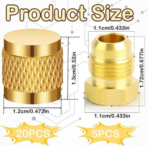1/4'' Flare Caps, Round Brass HVAC Locking Caps with Neoprene O-Ring Seal, AC Service Valve Caps (5PCS)