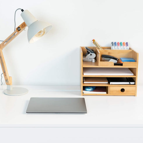 Navaris Bamboo Desk Organizer, Wood Desktop Storage Drawers for Organizing Stationery and Documents
