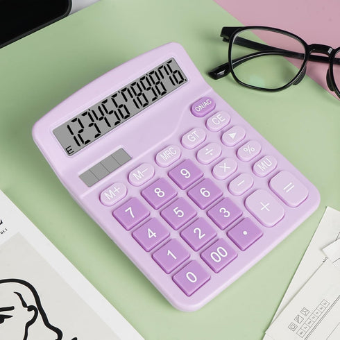 Cute Purple Desktop Calculator with Big Buttons, Dual Power Source, Large Display Screen for Office and Students, Purple