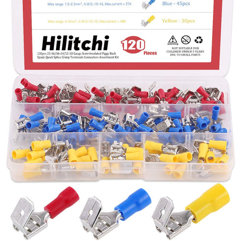 Hilitchi 120pcs Piggy Back Insulated Terminals Electrical Wiring Crimp Connectors Set, 22-16/16-14/12-10AWG