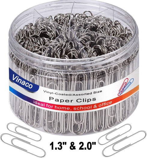 Vinaco Smooth Silver Paper Clips, Medium and Jumbo (1.3 inch & 2.0 inch), Durable and Rustproof for Office and School