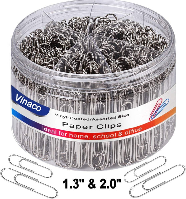 Vinaco Smooth Silver Paper Clips, Medium and Jumbo (1.3 inch & 2.0 inch), Durable and Rustproof for Office and School