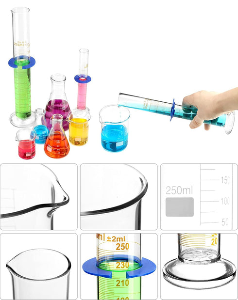 Set, Set, 9 3 3 3 3.3 QWORK Lab Glassware Beaker Flask Cylinder Pieces - Includes Erlenmeyer Flasks, Beakers, & Grade A