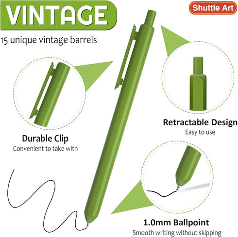 Shuttle Art Ballpoint Pens, 15 Pack Vintage Retractable Black Ink Ball Point Pens, Cute Pens 1.0mm Medium Point Quick Drying for Writing Journaling Taking Notes School Office Home by Shuttle Art