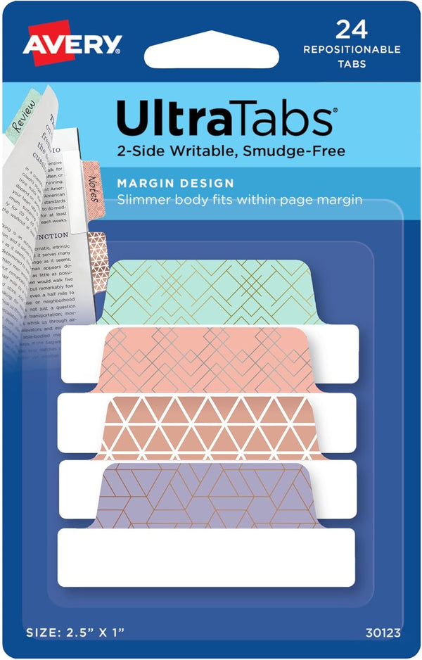 Avery Margin Ultra Tabs, 2.5" x 1", Assorted Metallic Geometric Designs, 24 Repositionable Page Tabs