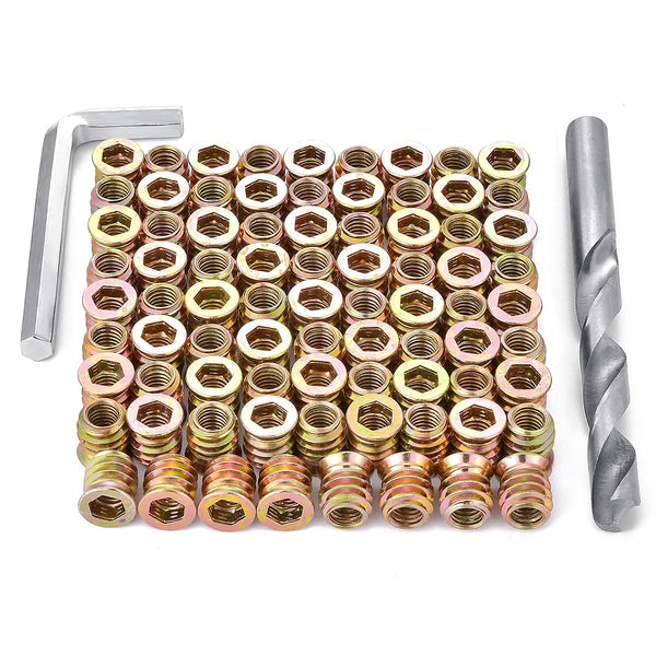 100 Pcs Wood Bolt Inserts 5/16"-18x12mm Metal Nut Inserts Assortment Kit for Furniture Replacement Accessories