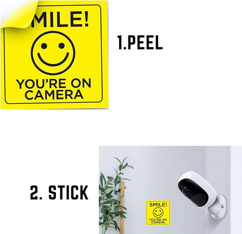 Smile You're on Camera Sticker, 6x6 Inch, 4 Pack, Durable Black and Yellow, Self-Adhesive
