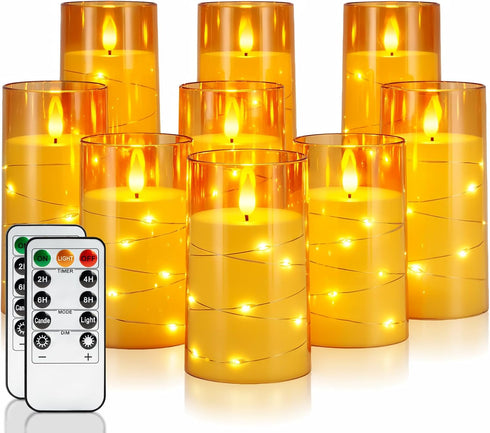 Homemory 9 Pcs Flameless Candles with Embedded Star String Fairy Lights, Battery