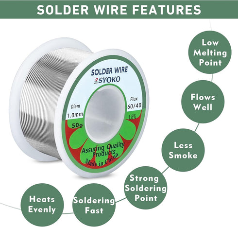 SYOKO 60/40 1.0mm 50g Tin Lead Rosin Core Solder Wire for Electrical Soldering, 1.8% Solder Flux