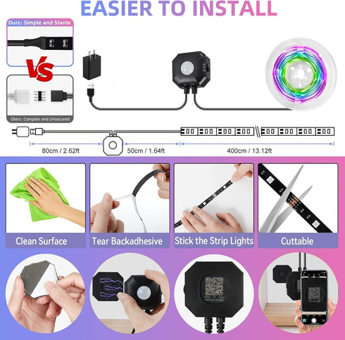 Lights,2x13.12Ft 3 Closet Motion Sensor Under Bed RGB Color LED Strip Lights with Constant On,Motion Activated,Light