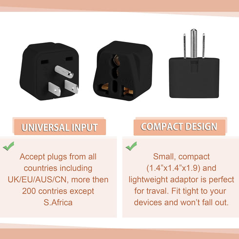 Bates Universal Travel Adapter, 2 Pack, Black, UK to US Plug Adapter, European to American Plug Adapter