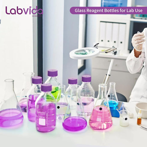 6 pcs 500ml Round Media Storage Bottles with GL45 Screw Cap in Purple, Borosilicate Reagent Bottles