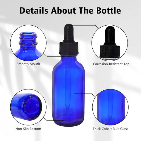 48 Pack 2oz Cobalt Blue Glass Bottles with Eye Droppers for Essential Oils, Perfumes & Lab Chemicals, Labels &