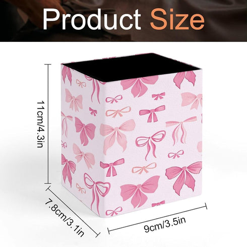 DOHTDGT 4.3" Pink Bow Tie PU Leather Pen Holder for Desk, Pencil Cup Makeup Brush Holder, Desk Organizer for Office