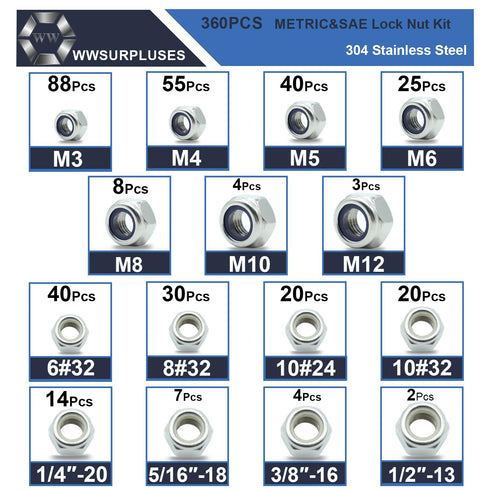 wwsurpluses 360 6#32 8#32 10#24 10#32 1/4-20 5/16-18 3/8-16 1/2-13 M3 M4 M5 M6 M8 M10 M12 304 Sets Pcs SAE & Metric