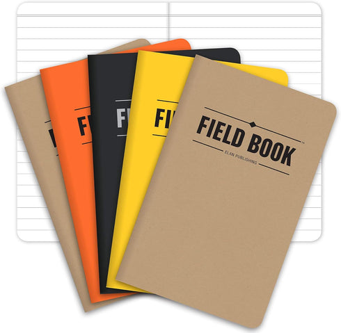 Elan Publishing Company Field Notebook/Pocket Journal, 3.5"x5.5", Kraft, Black, Orange, Yellow, Pack of 5