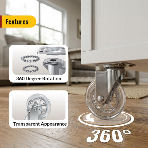 3 Inch 360 Set 4,Max 350lb 350lbs Degree Swivel Transparent Casters, Modern Furniture Wheels for Rolling Carts