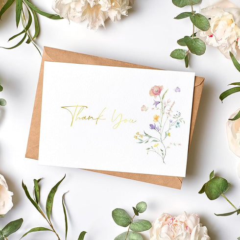 Generic 20 pack 4" 6" Floral Thank You Cards with Adhesive Envelopes, Gold Foil x Watercolor Wildflower Thank You Cards