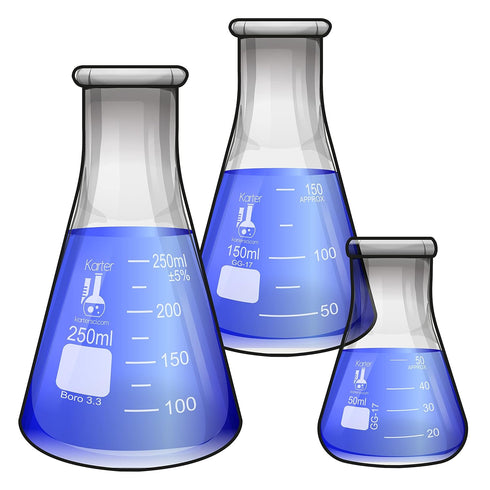 Glass Erlenmeyer Flask Set, 3 Sizes, 50, 150 and 250ml, Karter Scientific