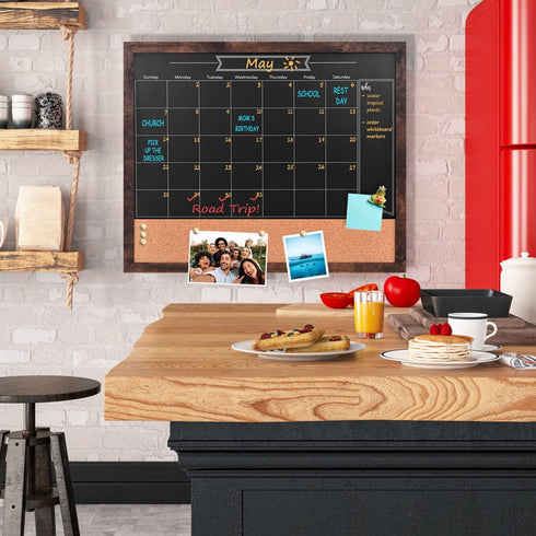 Chalkboard Calendar and Bulletin Combo Board, 18" x 22", Brown Wooden Frame, Magnetic, Perfect for Office, Home School,
