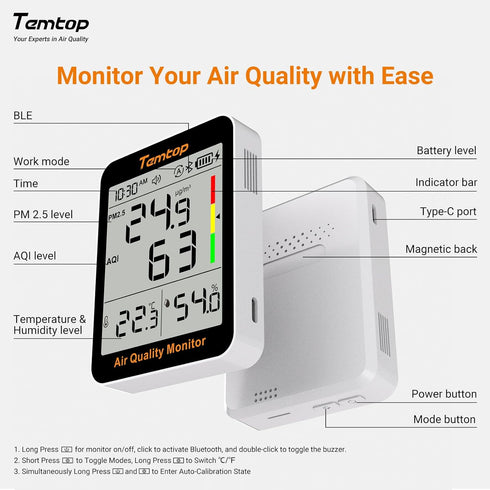 PM2.5, 60-Day Temtop Smart Air Quality Monitor with Indoor Thermometer & Thermo-Hygrometer AQI, Temperature