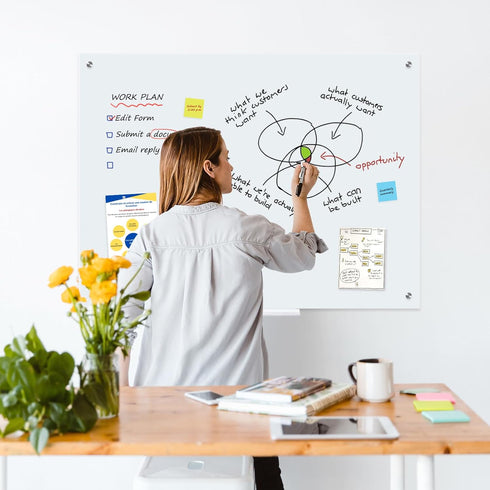 Magnetic Glass Whiteboard, 24" x 18" Frameless Dry Erase Board for Office, Home, Classroom with Marker Tray