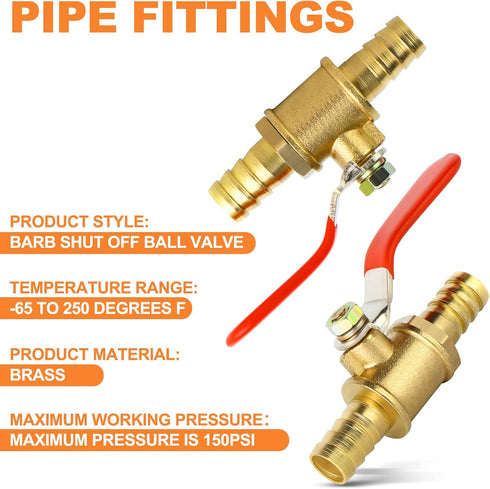GASHER 3PCS 3/8 Inch Heavy Duty Brass Ball Valve Hose Barb with 180 Degree Operation Handle