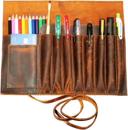 Jaald Genuine Leather Pencil Roll Brush Case - Vintage Pen Holder Organizer for Students, Artists, and Writers