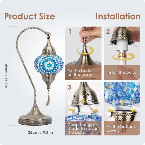 Yarra-Decor Turkish Moroccan Mosaic Table Lamp, Handmade Swan Neck Tiffany Glass Bedside Lamp, 19" (Blue2)