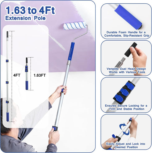 MAXWAVE 34 Set, 4" 9" 1.63 4 Paint Roller Kit with Extension Pole, Piece and Paint Rollers, Ft to Ft Pole, Painting
