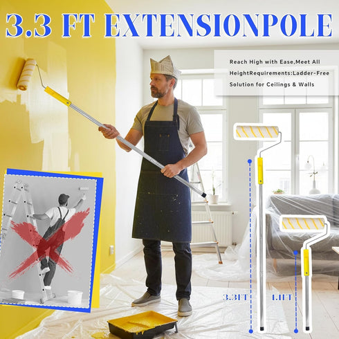 Krbnk 18-Piece 3.3ft 4" 9" Paint Roller Kit with Reinforcing Extension Pole, & Roller Covers, Paint Tray & Brushes