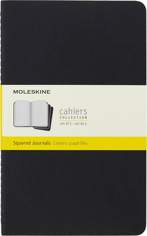 Moleskine Cahier Journal: Soft Cover, Large (5" x 8.25") Squared/Grid, Black, 80 Pages (Set of 3)