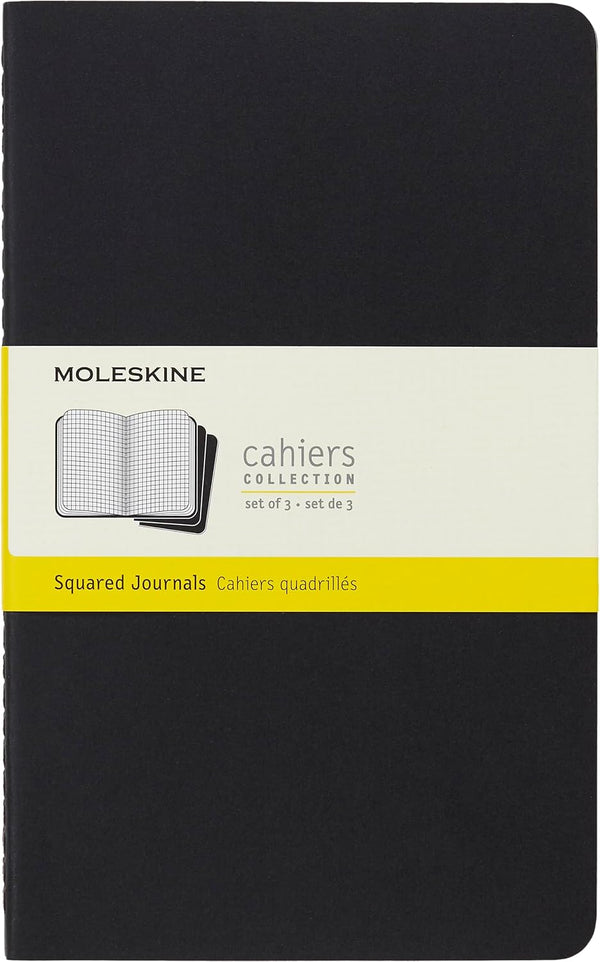 Moleskine Cahier Journal: Soft Cover, Large (5" x 8.25") Squared/Grid, Black, 80 Pages (Set of 3)