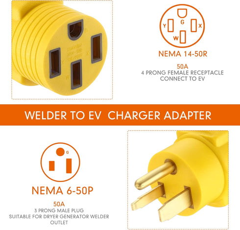 EV Charger Adapter Compatible with NEMA 6-50P to 14-50R 50 Amp 3 Prong Welder Plug to 4 Prong EV Charging Connector, Welder Welding Dryer EV Charger Power Cord Adapter Adaptor Connector