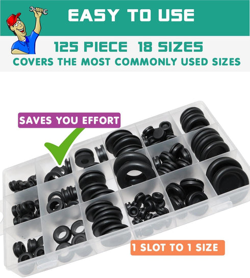 Rubber Grommet 125 PC - 18 Sizes, Firewall Rubber Hole Plugs for Wiring, Automotive Grommet, Home Improvement