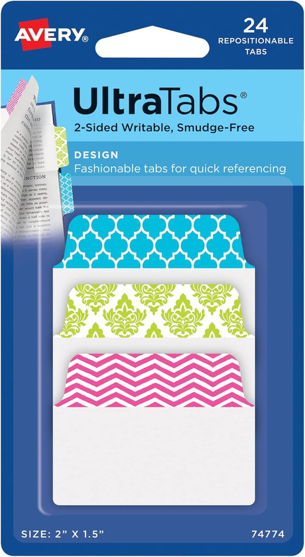Avery Multiuse Ultra Tabs, 2" x 1.5", 24 Repositionable Tabs, Assorted Designs, 2-Side Writable