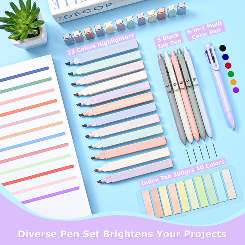 Clear Pencil Case with 12 Colors Highlighter, 5 Quick Dry Retractable Black Ink Pens, 6 Mechanical Pencils, 6-in-1