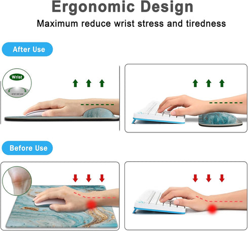 Keyboard Wrist Rest Ergonomic Mouse Pad Set, Memory Foam with Non-Slip Rubber Base for Home Office, Light Blue Marble