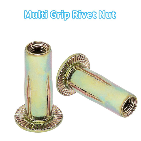 25Pcs M6 Steel Multi Grip Rivet Nuts Pre Bulbed Shank Zinc-Plated Flat Head Threaded Insert Nut Fasteners for Industrial