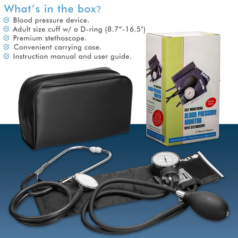 NOVAMEDIC 8.7-16.5", Adult Size Self Taking Black Aneroid Sphygmomanometer, Stethoscope Kit - Professional Blood