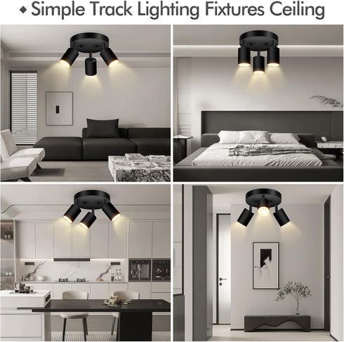 3 GU10 Bulb Light Track Lighting Fixtures Ceiling, Matte Black Round Directional Ceiling Spotlight, Flush Mount