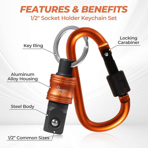 Swozzto 1/2" 5PCS Set,Heavy-Duty Toolbox,Drive Socket Holder Keychain Quick-Release Organizer with Locking Clip,Impact