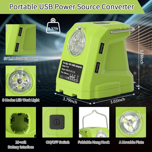 Battery Adapter for Ryobi 18volt One+ P107 P108 Li-ion Battery, Portable Power Source Converter with Dual USB Phone