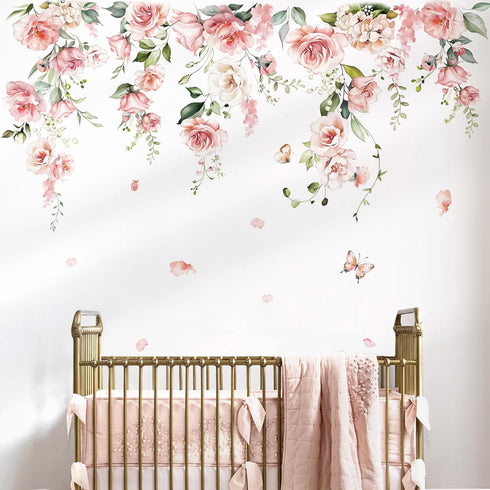 decalmile Large Pink Flower Wall Decals Hanging Vine Floral Wall Stickers Baby Nursery Girls Bedroom Living Room Wall
