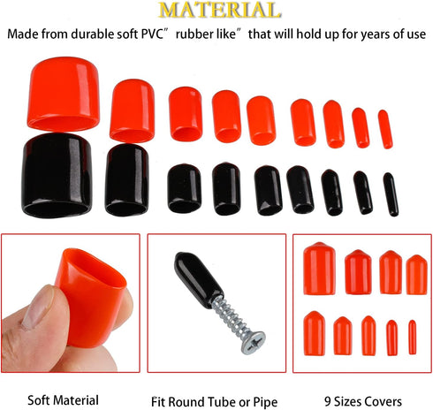 300 Pieces Rubber End Caps - Vinyl End Caps Black and Red Screw Bolt Protectors in 9 Sizes from 0.08 to 0.8 Inch