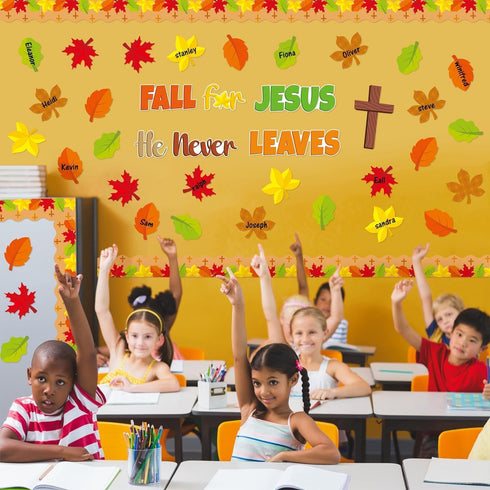 BeYumi 94Pcs Christian Bulletin Board Set, Fall for Jesus, Autumn Maple Leaves, Thanksgiving Decor