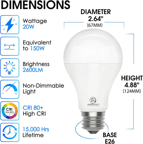 E ENERGETIC LIGHTING 4 Pack 150 Watt Equivalent LED Light Bulb, Super Bright A21 Light Bulb, Daylight 5000K, 2600 High Lumens LED Bulb, Non-Dimmable, E26 Base, UL Listed by E ENERGETIC LIGHTING