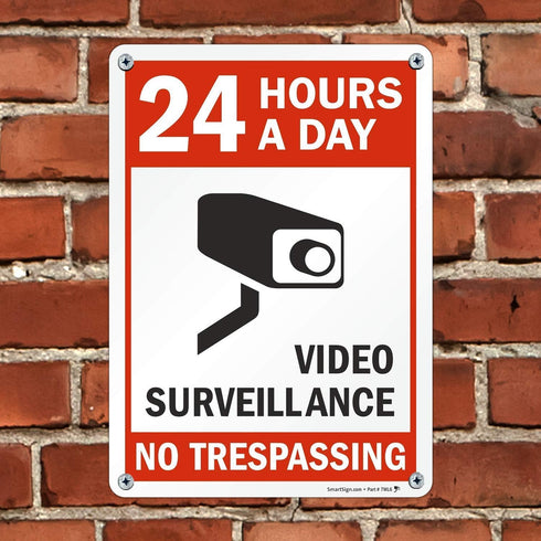 SmartSign Plastic Sign, "24 Hours a Day Video Surveillance" with Graphic, 14" x 10", Black/Red on White